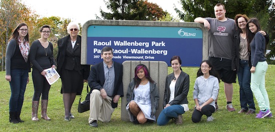 photo - Judith Weiszmann and teacher Irv Osterer, third and fourth from the left, with students from Merivale High School's Jewish Culture Club at the Ottawa's Raoul Wallenberg Park