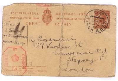 image - Eva and Anne purchased send-and-receive international postal cards. This saved card, sent from Pinsk, shows the censor stamp the British employed after declaring war on Germany