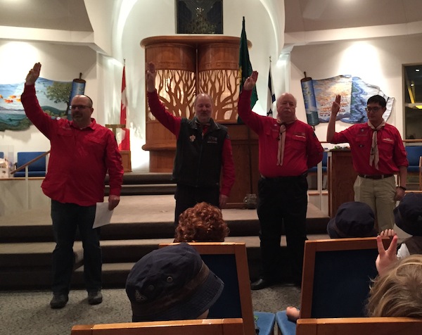 photo - Left to right: Temple Sholom Rabbi Dan Mozkovitz, Ryerson Cubs leader Lawrence Harris, Pacific Spirit Area commissioner Michael Palmer and Pacific Coast Council commissioner Brandon Jonathan Ma.