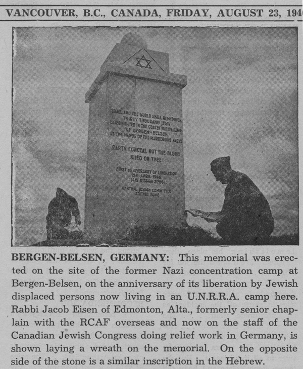photo - Bergen-Belsen memorial, This photo appeared in the Jewish Western Bulletin, 1946
