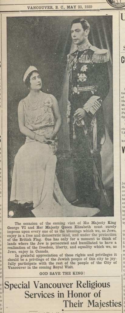 image - scan of the paper The paper routinely stressed the community’s loyalty to the Crown, JWB, May 1939. King George VI and Queen Elizabeth are pictured here.