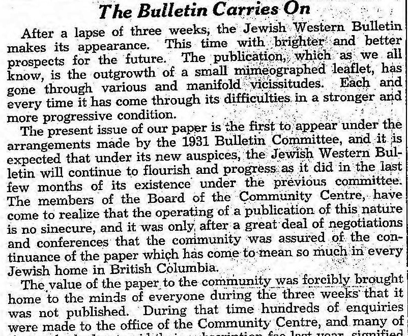 image - Editorial in the Jewish Independent’s predecessor, the Jewish Western Bulletin, March 20, 1931.