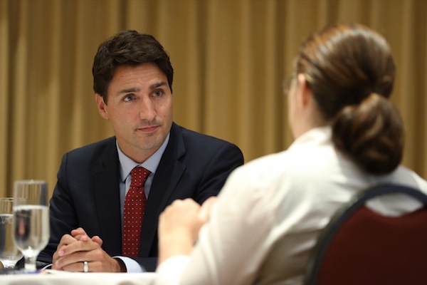 photo - Liberal Party of Canada leader Justin Trudeau in an interview with Cynthia Ramsay of the Jewish Independent