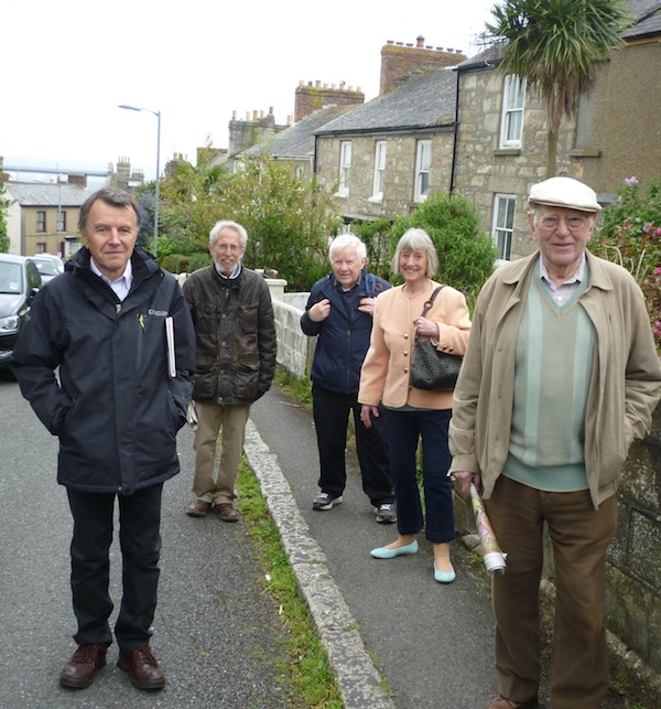 photo - The writer’s husband, Ted Ramsay, centre, with Kehillat Kernow members, left to right, Jeremy Jacobson, Harvey Kurzfield, and Patricia and Leslie Lipert
