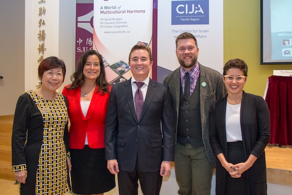 photo - SUCCESS chief executive officer Queenie Choo, left, with federal election candidates, left to right, Jody Wilson-Raybould, Erinn Broshko, Wes Regan and Mira Oreck