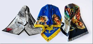 photo - For visitors who want to take a piece of the exhibit home with them, Broca has created a series of mosaic silk scarves that will be available for purchase