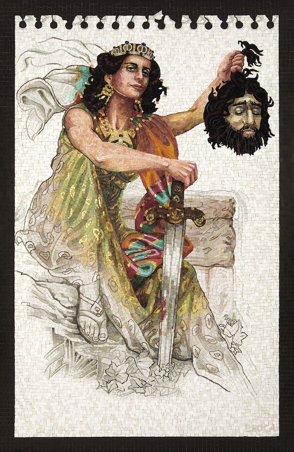 photo - “Judith Displaying Her Trophy,” by Lilian Broca, whose exhibit depicting the heroism of Judith is at the Italian Cultural Centre’s Il Museo until March 31. Most versions of the story, including the Book of Judith itself, say that Judith gave Holofernes wine to drink, but a couple versions mention milk or cheese. (photo from Lilian Broca)