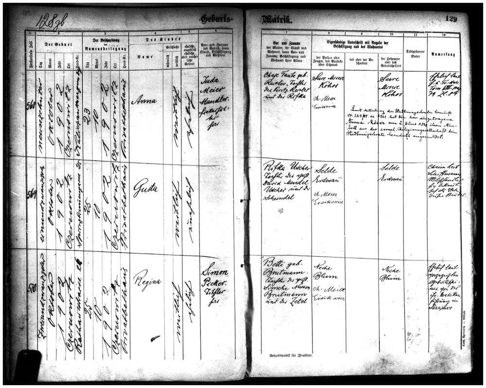 image - The author’s grandmother’s birth certificate from Czernowitz in 1902, which shows that Regina Picker’s mother, Betty (“Betti”), had been born a Brotman (“Brutmann”). It also shows that Regina’s father, Betty’s husband, Simon Picker, was a carpenter