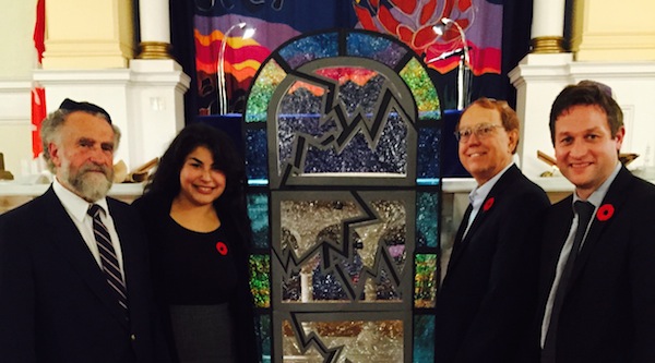 photo - From left to right, Julius Maslovat, Carmel Tanaka, MP Murray Rankin and MLA Rob Fleming at the Victoria Holocaust Remembrance and Education Society’s annual Kristallnacht Commemoration on Nov 9