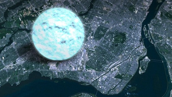 photo - A satellite picture of the island of Montreal with an illustration of a neutron star for comparison. While relatively small, neutron stars are so dense that just one teaspoon would weigh about a billion tons