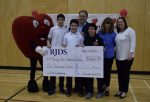 Students Tomer Berko Gabay (student council president), Liam Greenberg (secretary) and Nathan Tourvieille (treasurer) with Heartly, aka Karen Pasqua, senior events coordinator, Howard Blank, Reesa Pawer and Julie Kendell. Student Tal Pretli (vice-president) was absent when the photo was taken