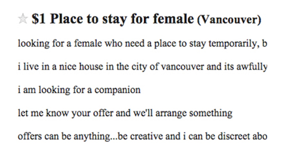 screenshot - Recently published ads for apartment rentals in Vancouver on online bulletin board Craigslist