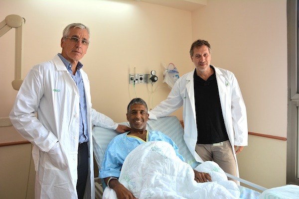 photo - Prof. Eytan Mor, left, and Dr. Evyatar Nesher with a kidney transplant recipient at Petach Tikvah’s Beilinson Hospital, which is part of the Rabin Medical Centre. Mor is director of the transplant department and Nesher, the department’s deputy head