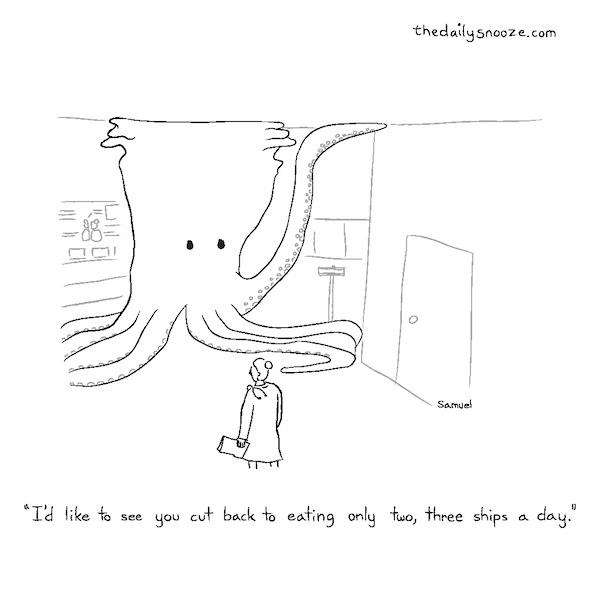 cartoon in Jewish Independent - I'd like to see you cut back to eating only two, three ships a day - by Jacob Samuel
