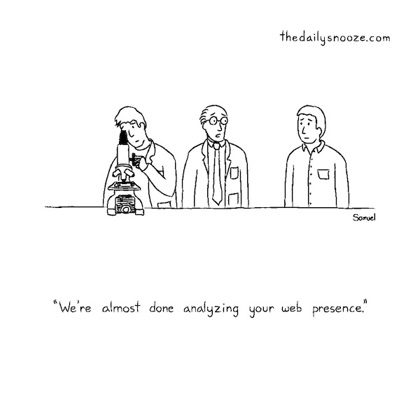 cartoon - "We're almost done analyzing your web presence," by Jacob Samuel