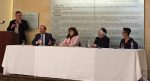 photo - The Feb. 22 panel discussion at Congregation Schara Tzedeck featured, left to right, moderator Dr. Auby Axler and panelists Rabbi Andrew Rosenblatt, Dr. Jenny Melamed, David Berner and Rebecca Denham