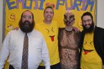 photo - The Bayit joined forces with Chabad of Richmond in an emoji-themed Purim celebration held at Richmond’s City Centre Community Centre March 12. Pictured here, left to right, are Chabad of Richmond’s Rabbi Yechiel Baitelman, Bayit president Mike Sachs, Yoav Rokach-Penn and the Bayit’s Rabbi Levi Varnai
