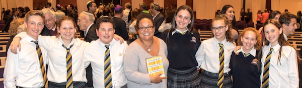 photo - King David High School students with Teaching for Tomorrow keynote speaker Julie Lythcott-Haims, who spoke on the topic How to Raise an Adult