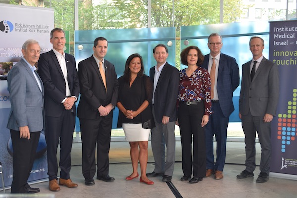 photo - Left to right: Bernard Bressler, Bill Barrable, Prof. Yaakov Nahmias, the Hon. Jody Wilson-Raybould, Jonathan Miodowski, Dina Wachtel, the Hon. Bruce Ralston and Rick Glumac