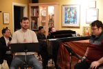 photo - Left to right are Dávid Szigeti (cello), Erik Gow (who plays Alvin Kelby), Kevin Woo (clarinet), Wendy Bross Stuart (piano, music director) and Chris Adams (who plays Thomas Weaver), in rehearsal for The Story of My Life, which is at the Canadian Music Centre for five remaining performances, Nov. 25 and 30, Dec. 1 and 2, 8 p.m., and Nov. 26, 2 p.m.
