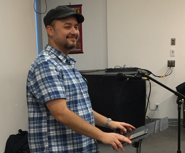 photo - Matthew Gindin takes a pause in his talk, The History of Jewish Humour