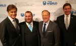 photo - Left to right, Dr. Mehmet Oz, Rabbi Shmuley Boteach, Sean Spicer and Ron DeSantis, at the Champions of Jewish Values International Awards Gala in New York on March 8
