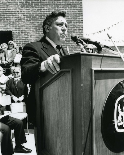 photo - Dave Barrett, then leader of the opposition, offers greetings at the Congregation Emanu-El rededication ceremony in Victoria, June 6, 1982