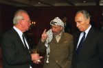 photo - Left to right: Yitzhak Rabin, Yasser Arafat and Shimon Peres after the three received the Nobel Peace Prize in Oslo in 1994