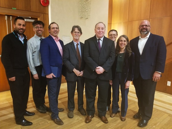 photo - Left to right: Nico Slobinsky (CIJA Pacific Region), Rabbi Adam Stein (Beth Israel), Rabbi Andrew Rosenblatt (Schara Tzedeck), speakers J.J. Goldberg and Jonathan S. Tobin, Cynthia Ramsay (Jewish Independent), Rabbi Hannah Dresner (Or Shalom and RAV) and Rabbi Dan Moskovitz (Temple Sholom)