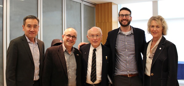 photo - IHRD at Hillel, right to left, Michael Lee, Rabbi Philip Bregman, Robbie Waisman, Sam Heller (Hillel BC), Joyce Murray