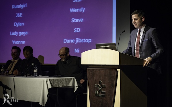 photo - Winnipeg Mayor Brian Bowman speaks at the Nov. 22 forum Wide Awake. According to Ivy Kopstein of Jewish Child and Family Service of Winnipeg, he “is advocating to all levels of government for resources to deal with this health crisis”