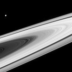 photo - Saturn’s main rings, along with its moons, are much brighter than most stars. As a result, much shorter exposure times (10 milliseconds, in this case) are required to produce an image and not saturate the detectors of the imaging cameras on Cassini. A longer exposure would be required to capture the stars as well