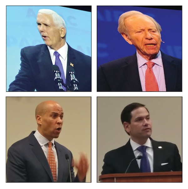 photo - Clockwise, from top left: U.S. Vice-President Mike Pence, Joe Lieberman, Senator Marco Rubio and Senator Cory Booker address attendees of last month’s AIPAC Policy Conference