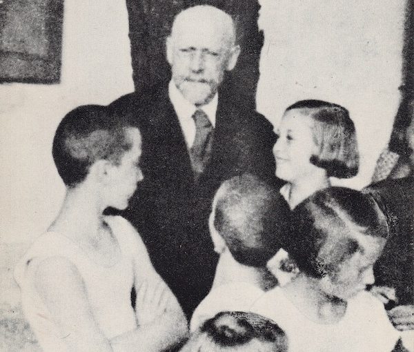 image - A postcard showing Janusz Korczak in the courtyard of the orphanage on Krochmalna Street in Warsaw, Poland, in the early 1930s