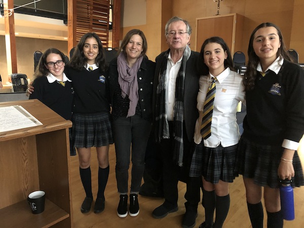 photo - Left to right: KDHS students Gali Goldman and Edden Av-Gay, Dr. Robert Krell’s daughter Simone Kallner, Dr. Robert Krell and his granddaughters Estie Kallner and Mattea Lewis