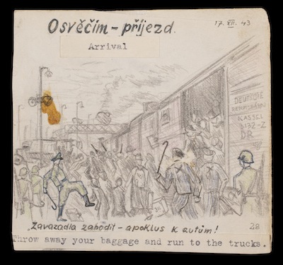 image - Artist Alfred Kantor’s depiction of arrival in Auschwitz: “Throw away your baggage and run to the trucks”