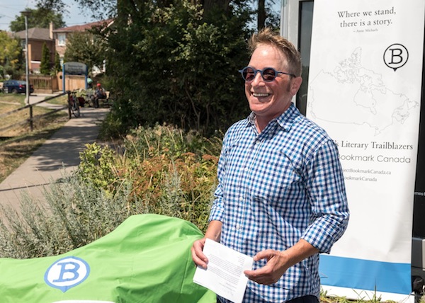 photo - Vancouver writer Aren X. Tulchinsky at the Aug. 16 unveiling in Toronto of Project Bookmark Canada’s plaque honouring his novel, The Five Books of Moses Lapinsky