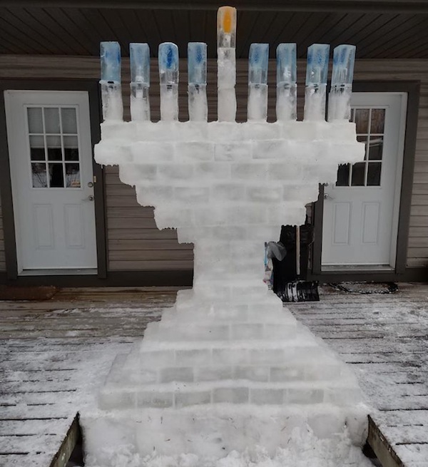 photo - Six-foot chanukiyah out of ice, by Benji Goldstein