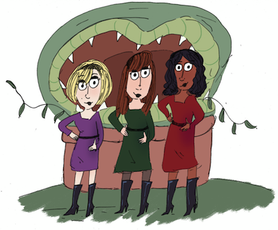 illustration - Crystal, Ronette and Chiffon are the three narrators of Little Shop of Horrors. Malka Martz-Oberlander sketched this image of the trio, which was colourized by Emi Lavoie