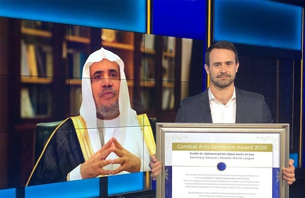 screenshot - Sheikh Dr. Muhammad Al-Issa receives an award, virtually, from Sacha Roytman-Dratwa, director of the Combat Antisemitism Movement