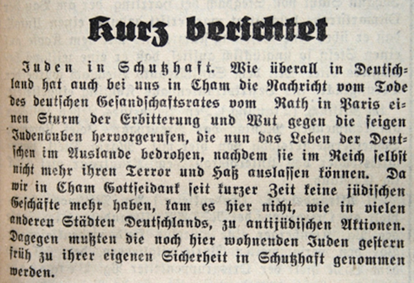 image - An item from the Nov. 10, 1938, newspaper in Helen Waldstein Wilkes’ mother’s hometown, Cham, Bavaria