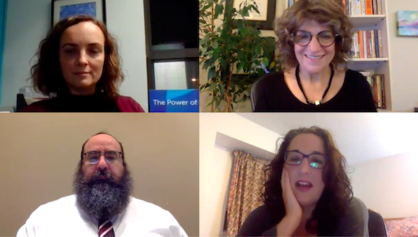 screenshot - Clockwise from the top left: Tanja Demajo, Shelley Karrel, Amanda Haymond Malul and Rabbi Yechiel Baitelman participate in a JACS Vancouver panel discussion Oct. 15