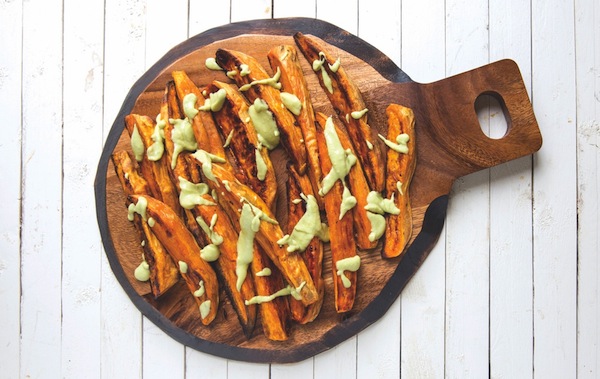 photo - Sweet Potato Wedges with Avocado Drizzle, as made by Miriam Pascal, author of More Real Life Kosher Cooking