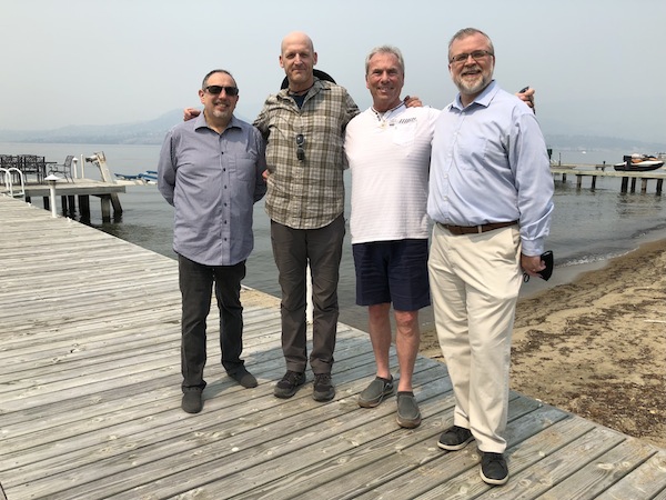 photo - On the dock where they officiated the conversion ceremony are, left to right, Rabbi Alan Bright (Montreal), Rabbi Tom Samuels (Kelowna), Rabbi Jeremy Parnes (Regina) and Cantor Russell Jayne (Calgary)