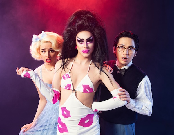 photo - Left to right: Sofie Kane, Zachary Bellward and Angus Yam in Studio 58’s The Rocky Horror Show, with costume design by Donnie Tejani and makeup by Weebee Drippin