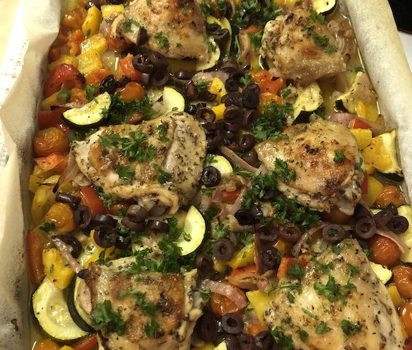 photo - Greek sheet pan chicken, using a recipe from the website Downshiftology