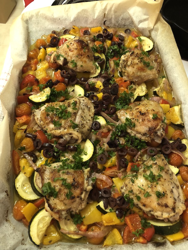 photo - Greek sheet pan chicken, using a recipe from the website Downshiftology