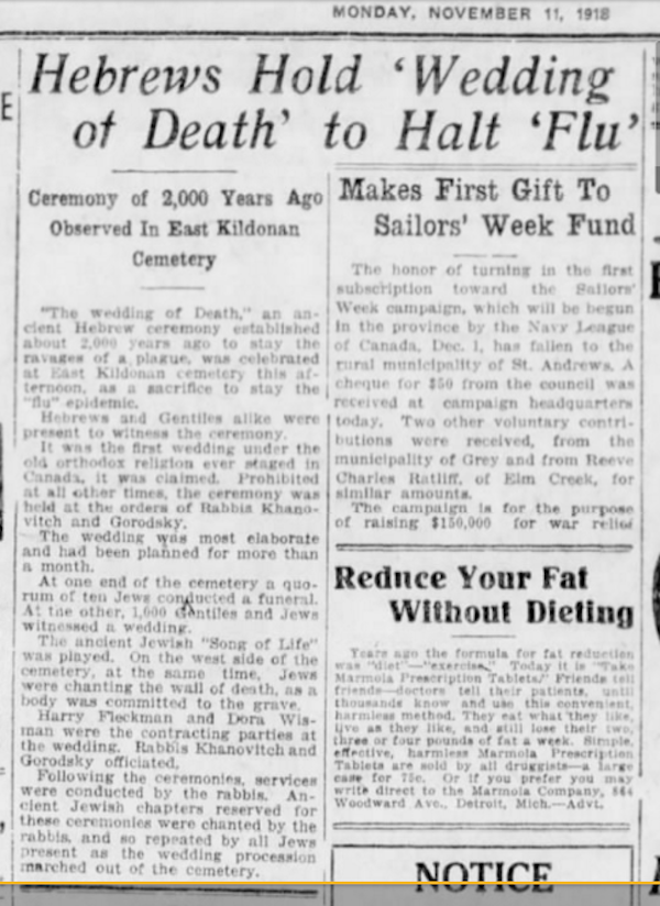 image - According to the Nov. 11, 1918, Winnipeg Tribune, Rose Schwartz and Abraham Lachterman were married in a plague wedding in Winnipeg, Man. More than 1,000 people attended, Jews and non-Jews