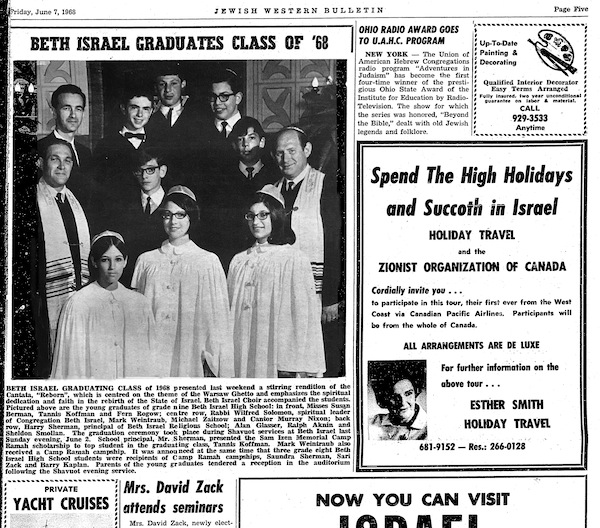 image - The June 7, 1968, Jewish Western Bulletin article announcing the year's graduates from Beth Israel.