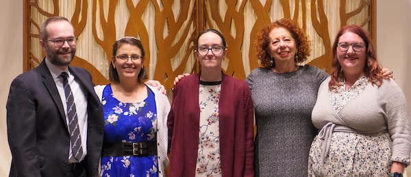 photo - Left to right: Cantor Josh Breitzer, Cantor Shani Cohen, Rabbi Kylynn Cohen, Prof. Joyce Rosenzweig and Cantor Lianna Mendelson at Shani Cohen’s installation as cantor at Temple Sholom the weekend of Oct. 28-29